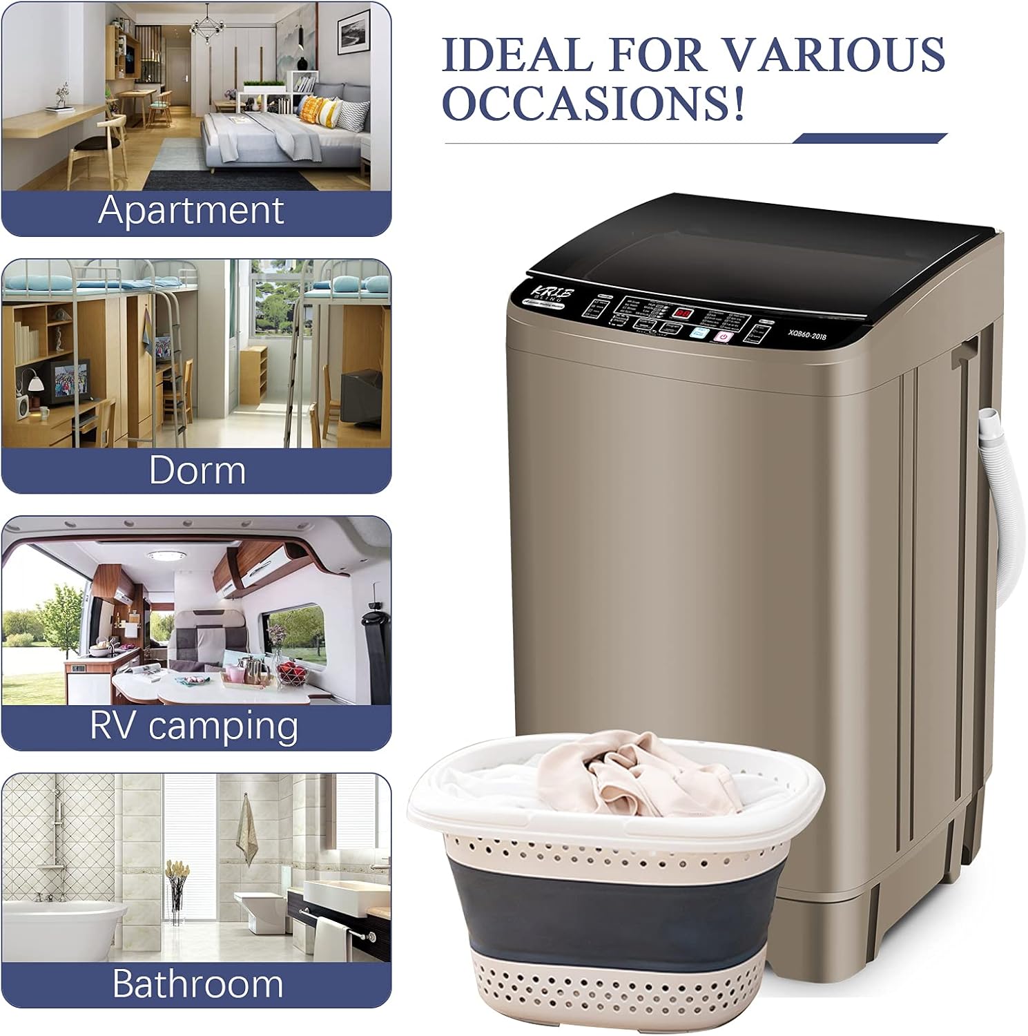 17.7 lbs Portable Washer Drain Pump, 10 Programs & 8 Water Levels Selections, Full Automatic Washing Machine with LED Display, Ideal for Camping, Apartment, Dorm, Gold