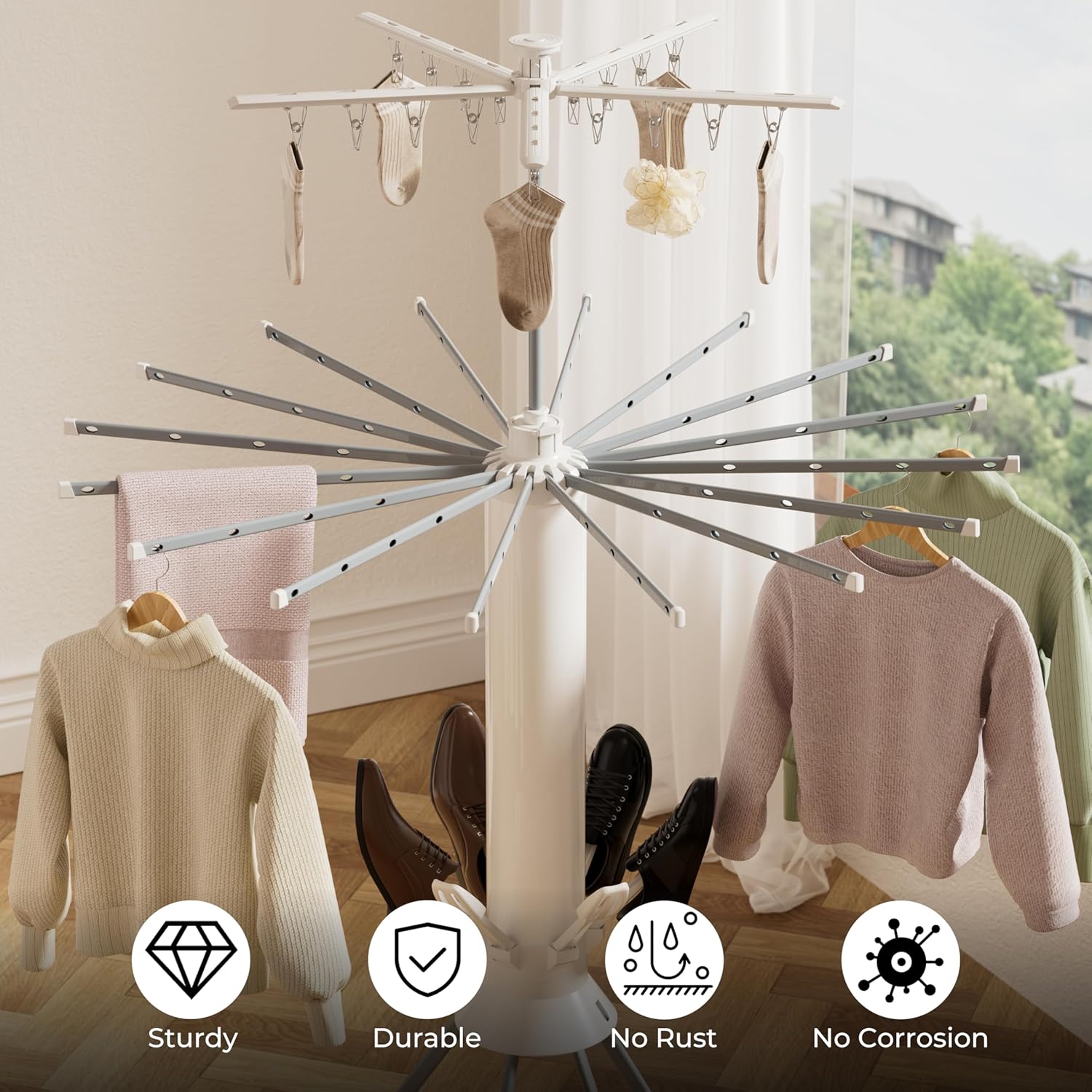 Clothes Drying Rack Foldable, 4-Legged Drying Rack Clothing with 20 Clips, Shoe Dryer Rack, Laundry Drying Racks with 4 Pulleys & Anti-Slip Holes, Portable Hanging Dry Rack for Clothes, Socks, Shoes