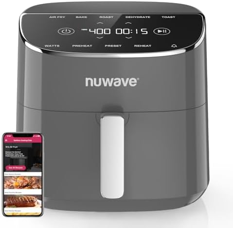 Nuwave Brio Plus Air Fryer 8 Qt, New & Improved, PFAS-FREE, 7 Digital One-Touch Cook Functions that AIR FRY, BAKE, ROAST, DEHYDRATE, TOAST, REHEAT, PREHEAT, 150 Presets, 50°F~400°F (Cool Gray)