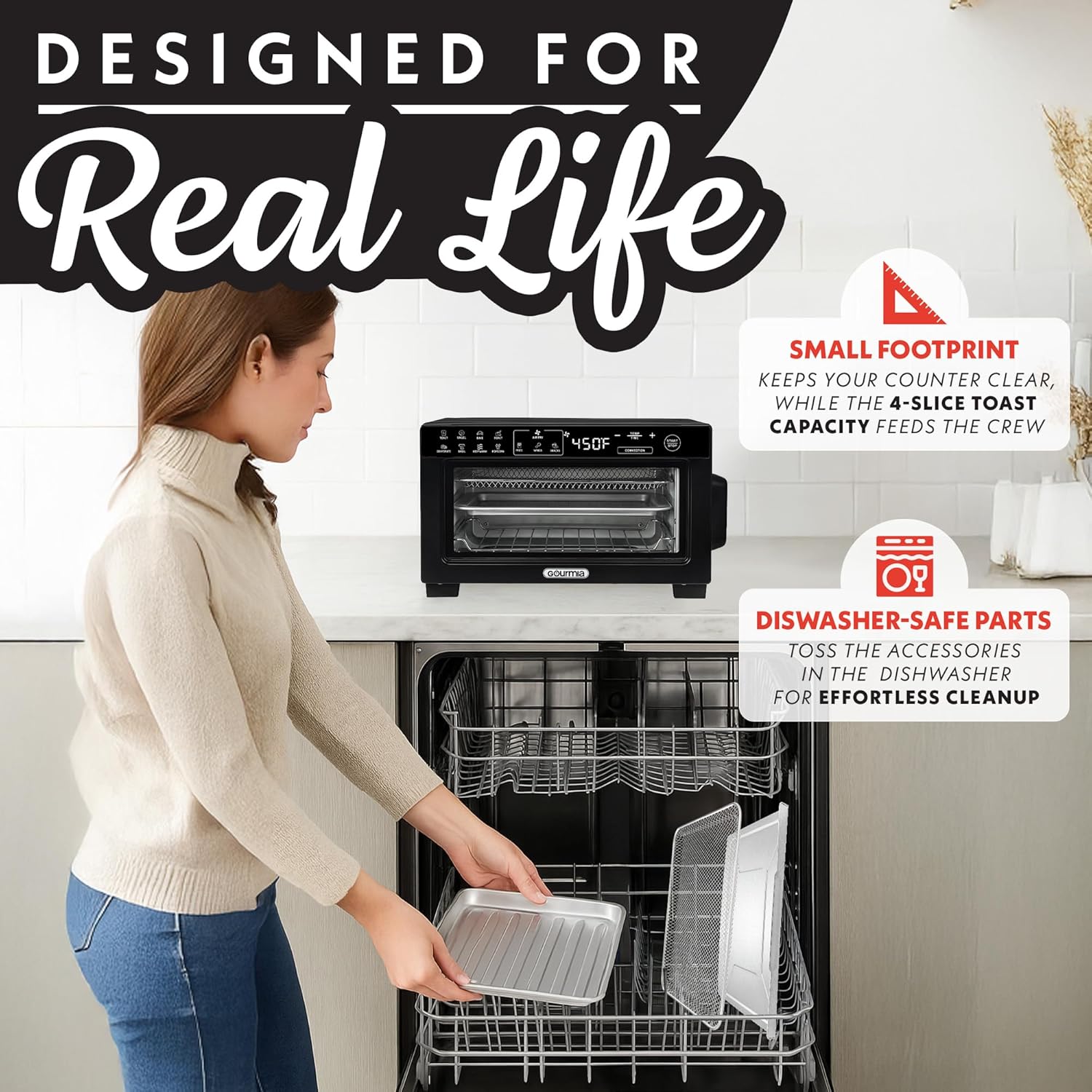 Gourmia Toaster Oven Digital Air Fryer - Convection Mode with 4 Slice Capacity, 3 Rack Positions, 12 Presets, Toast, Bagel, Bake, Roast, Broil, Dehydrate, Popcorn, Fits 9