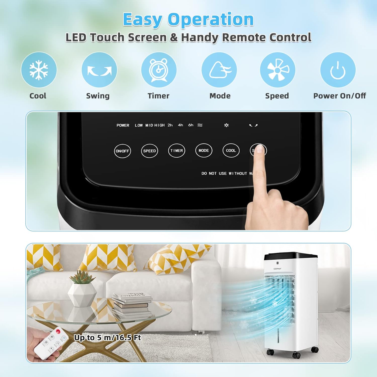 COSTWAY Evaporative Air Cooler, 3-in-1 Portable Quiet Swamp Cooler and Humidifier with Remote, 4 Modes, 70° Oscillation, 12H Timer, Water Tank Lock, Evaporative Cooler for Bedroom Home Office Dorms