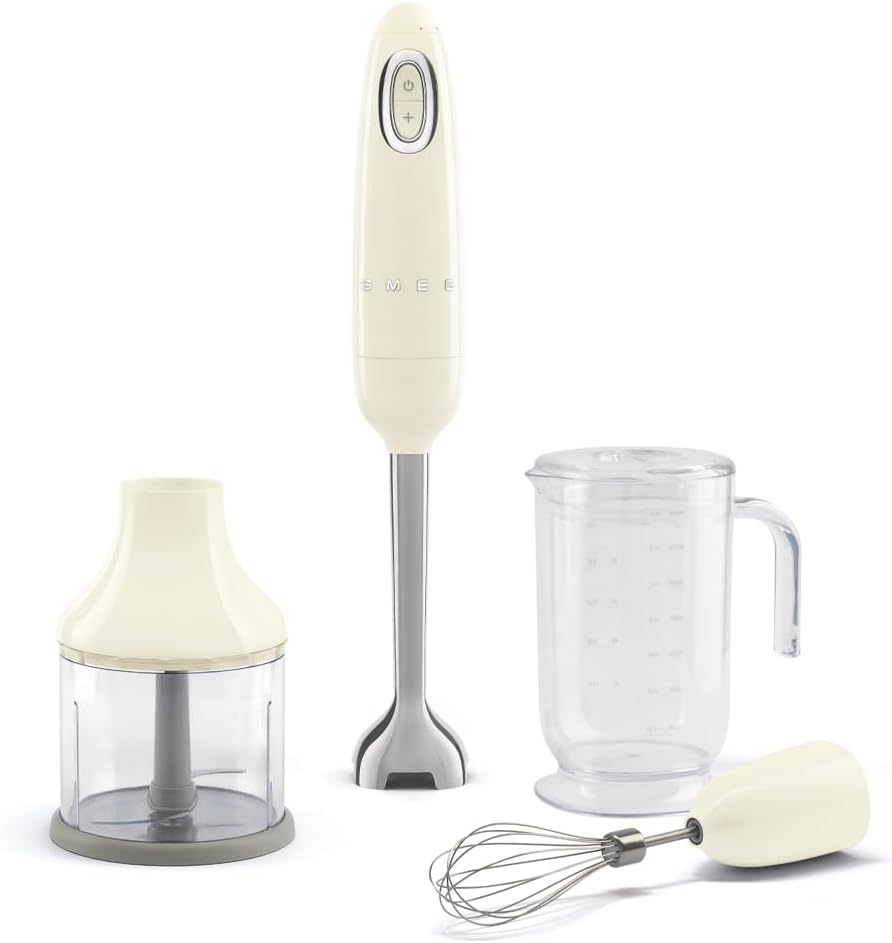 SMEG Handheld Immersion Blender with Beaker, Chopping Bowl w/Lid, Wire Whisk, 5 Speed Controls, made with Stainless Steel Blades and Ergonomic Design (Cream)