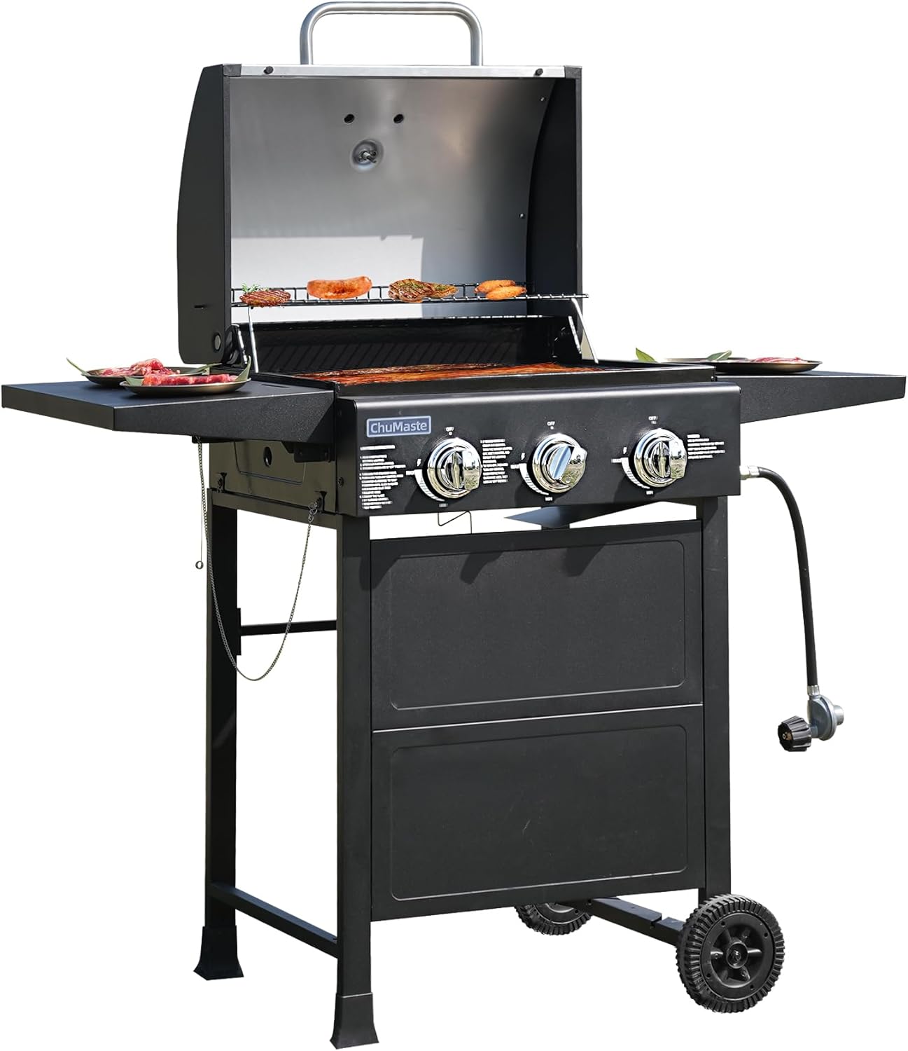 Grill Propane 3 Burner Gas outdoor grills, Bbq with Thermometer, Patio grill For Small gatherings, asadores de gas 30000 BTU. Barbecue grill with Foldable Rack.Propane Gas Grills