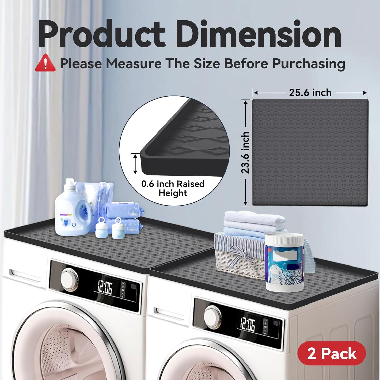 2 PCS Washer and Dryer Covers for the Top, Non-Slip Silicone Washer Dryer Countertop Protector Mat, Waterproof Dust Washing Machine Cover Protector Pad for Laundry Room & Kitchen, 25.6 x 23.6 Inch