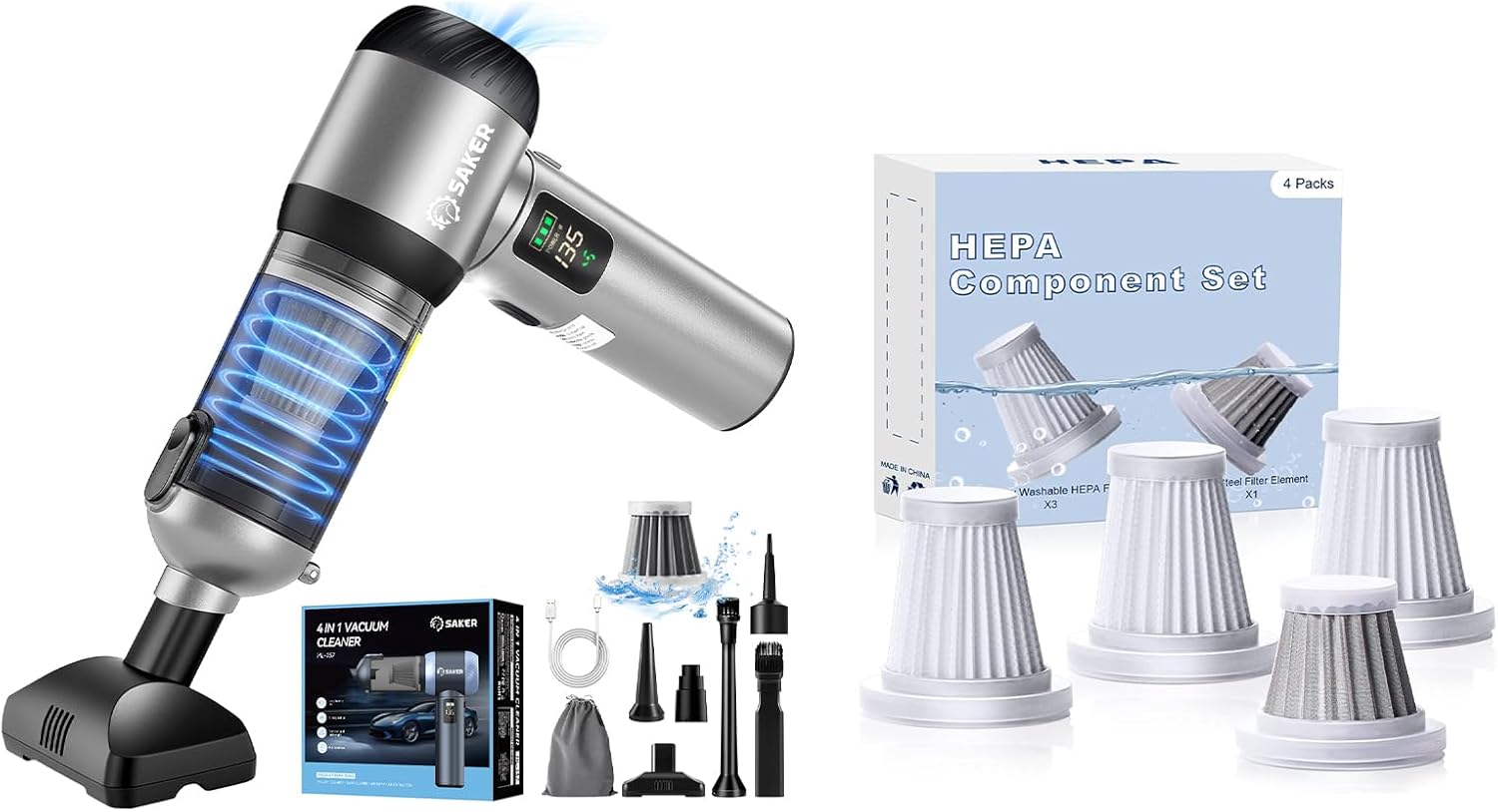 Saker Car Vacuum Cleaner HL157 4-in-1 Cordless Handheld Vacuum with 20000Pa Suction & LED Light + Original HEPA & Steel Filter Set (4PCS), Portable for Car, Home, Office, Pet Silver