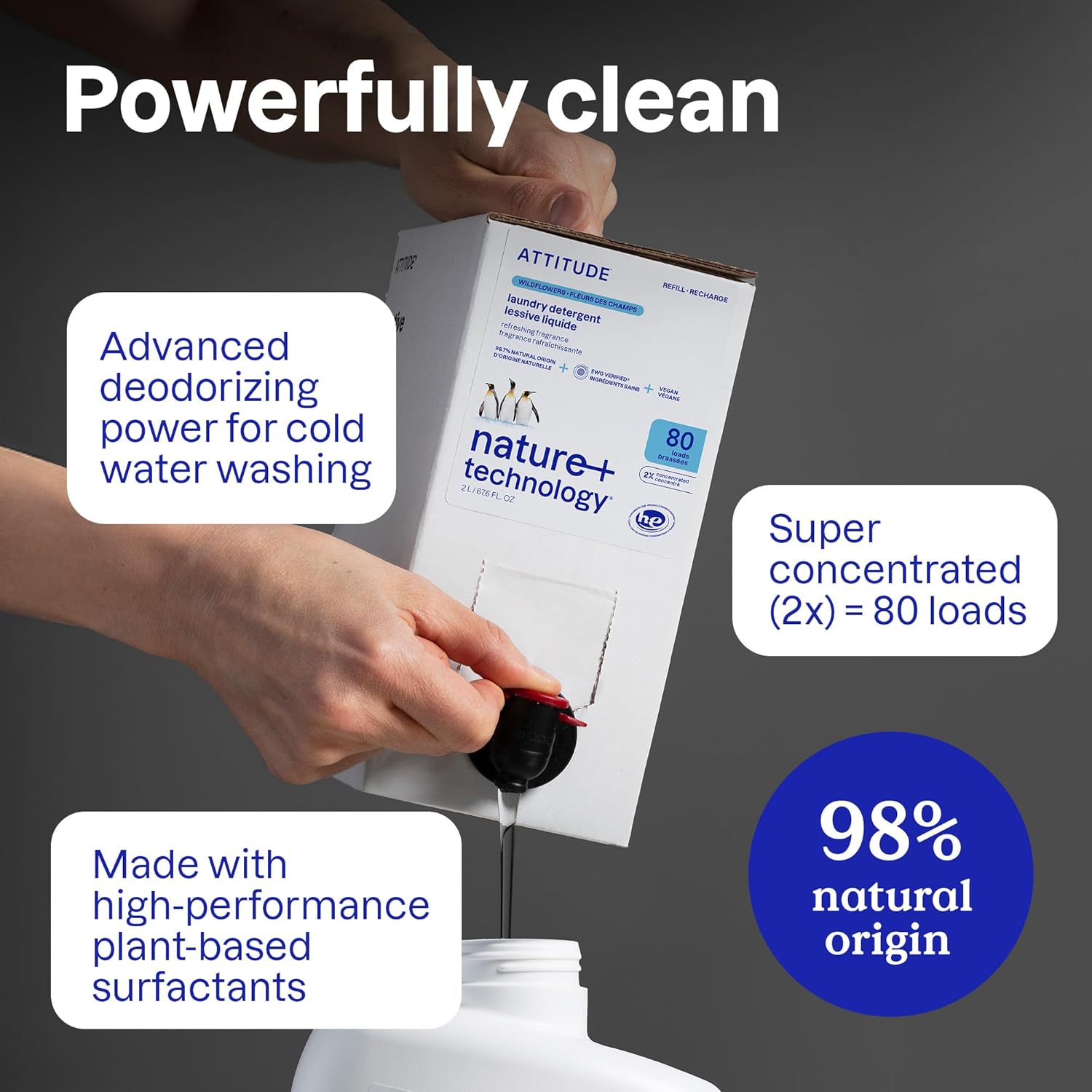 ATTITUDE Liquid Laundry Detergent Refill, EWG Verified, HE Compatible, Plant-Based & Vegan, Natural Laundry Soap, Mountain Fresh Scent, 80 Loads, 67.6 Fl Oz (Pack of 4)