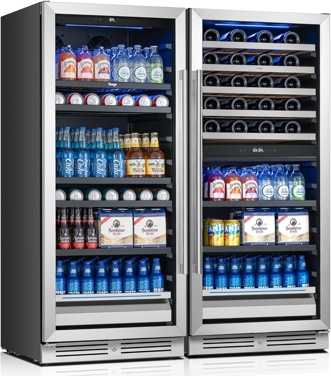 Yeego 48 Inch Wine and Beverage Refrigerator (2 x 24 Units), 238 Can and 89 Bottle Cooler with Lock, 34-65℉ Built-in Beer Fridge with Glass Door, Wine Refrigerator for Home, Office, Bar (19.4 Cu.ft)