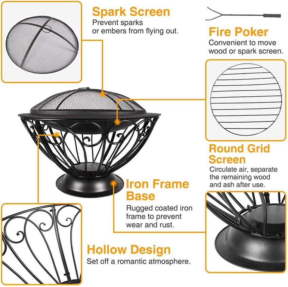 Fire Pit Portable Outdoor Fire Bowl, 20 Inch Wood Burning BBQ Fire Pits, with Spark Screen Poker Fire Pit