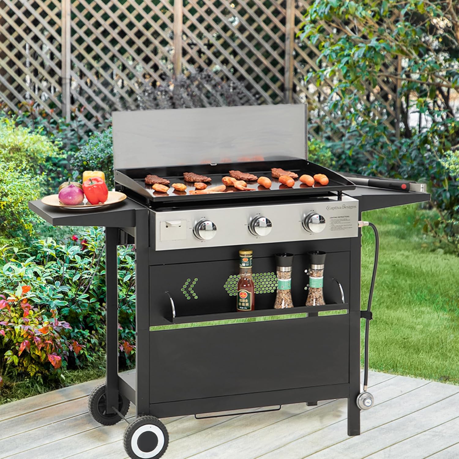 MFSTUDIO Detachable Portable Counter-top Griddle Grill,Propane Gas Grills with 3 Burners, deep lid and Ceramic Coated Cast Iron Pan, 33,000BTU In Total, for Outdoor BBQ cooking, camping and parties