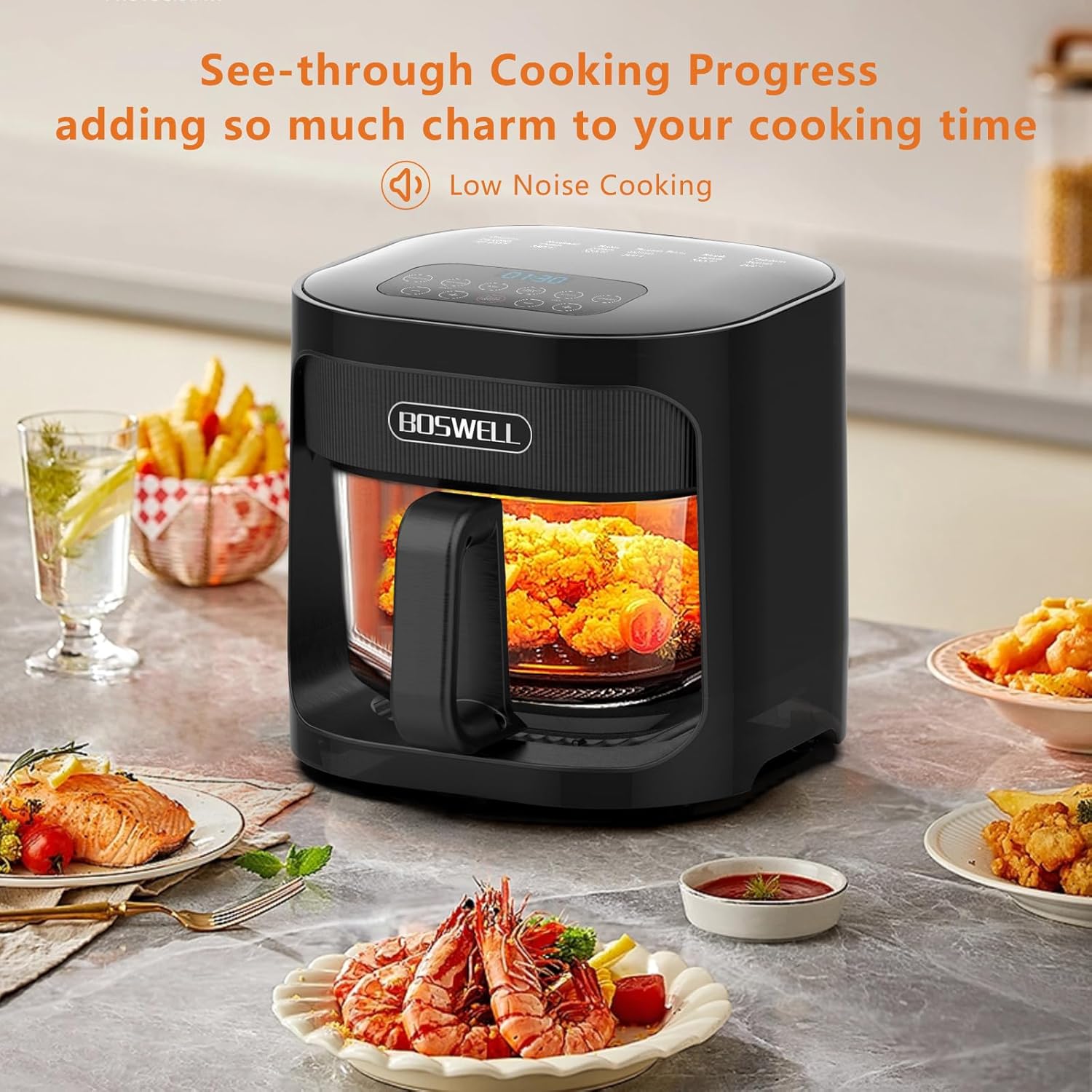 BOSWELL Glass Air Fryer, 4.5QT Transparent Fry Bowl, Circulating Heating, Non Toxic, Large Capacity Air Fryer Roast, Temperature Control Dishwasher Safe (Black)