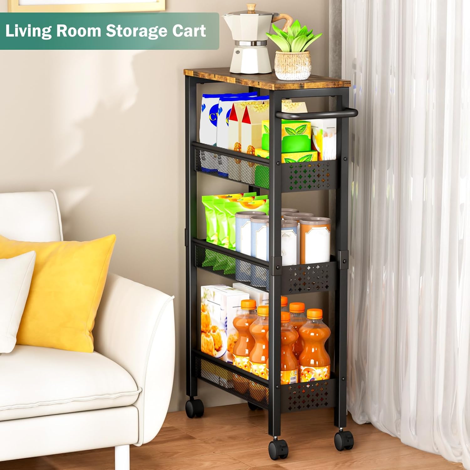 Utility Slim Storage Cart with Wheels, 4 Tier Small Rolling Cart with Wood Top, Metal Kitchen Bathroom Laundry Room Organization Trolley with Handle for Narrow Space – Black