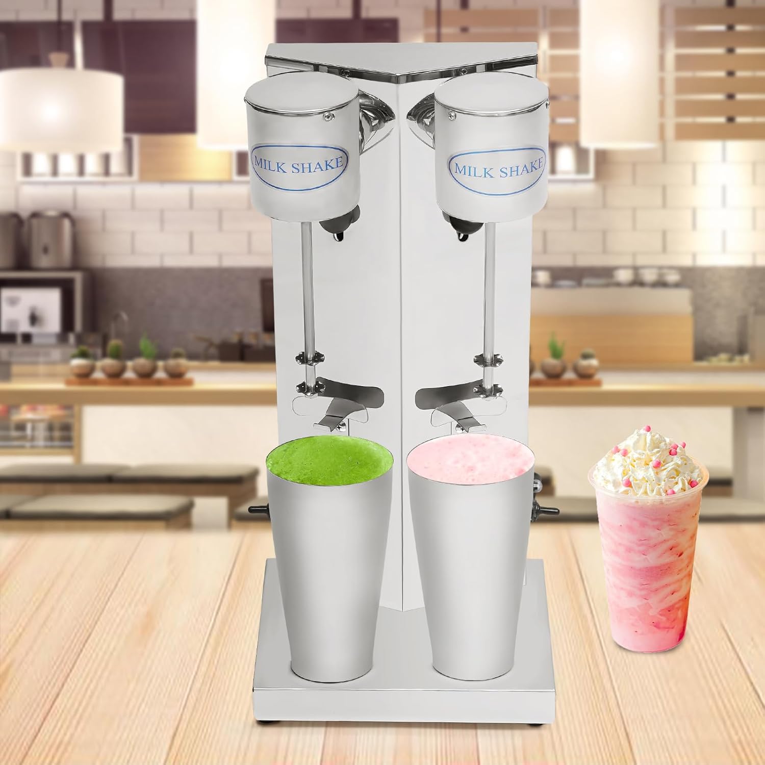 PERFERATE Electric Milkshake Maker Machine 110V Double-head Commercial Milkshake Machine, 2 Speeds Stainless Steel Smoothie Blender 27-Oz/Cup Drink Mixer Frappe Machines for Cafe (Double-Head)