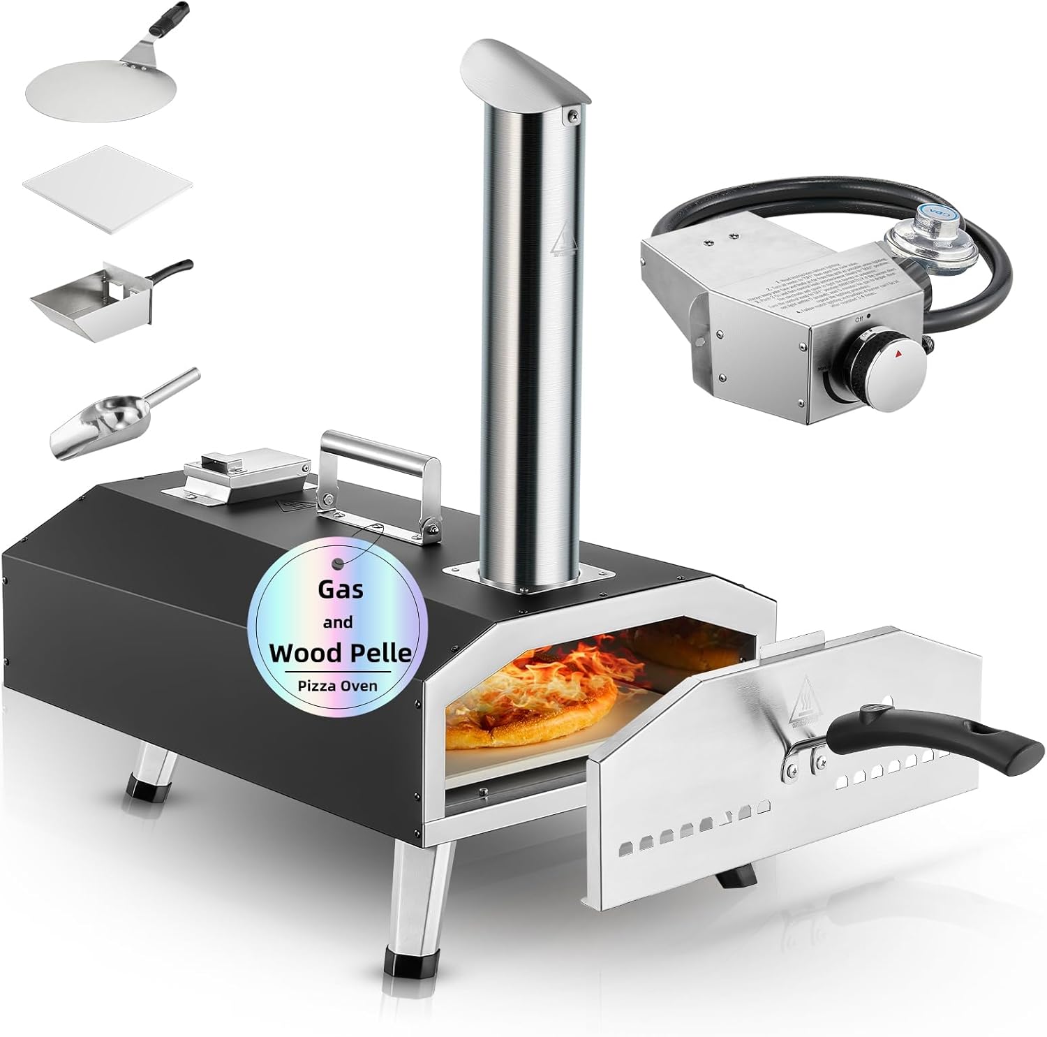 Outdoor Pizza Oven, 12inch Portable Wood Pellet and Gas Pizza Oven, Heats up to 1000°F, with Gas Hose & Pizza Stone, Tabletop Stainless Steel Pizza Oven for Backyard, Camping, Picnics, Black