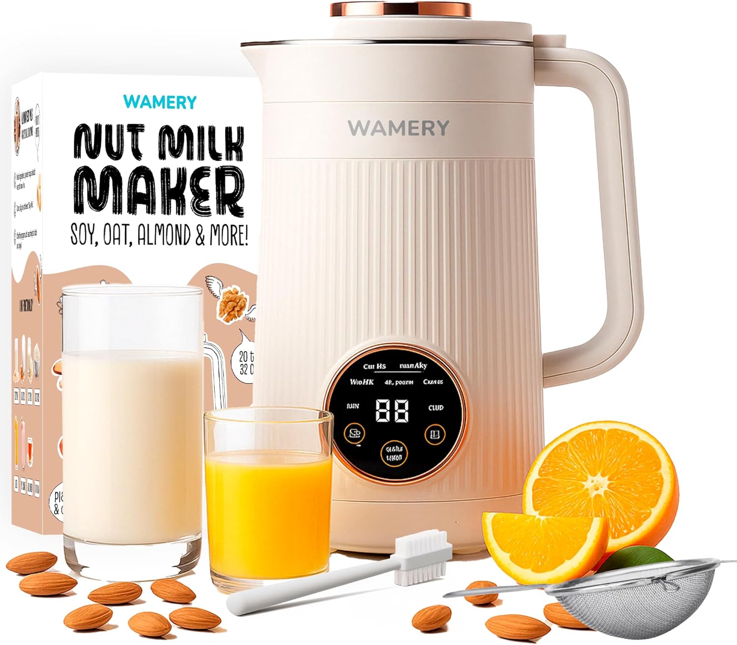 Wamery 32oz Nut Milk Maker Machine - Plant‑Based Milk Maker for Almond, Oat & Soy, Automatic Heated Programs, Self‑Cleaning, Delay Start, Keep Warm & Boil Water, 1‑Liter Capacity with Starter Kit