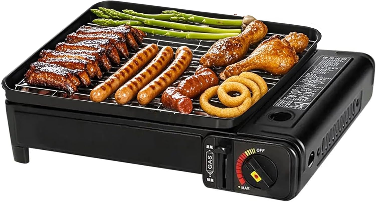 Portable Butane Stove - Compact Gas Grill Stove with Detachable Grate + Durable Carry Case | Dual Fuel Tabletop BBQ for Camping, Korean BBQ, Tailgating | Fast Stainless Steel Outdoor Cooker