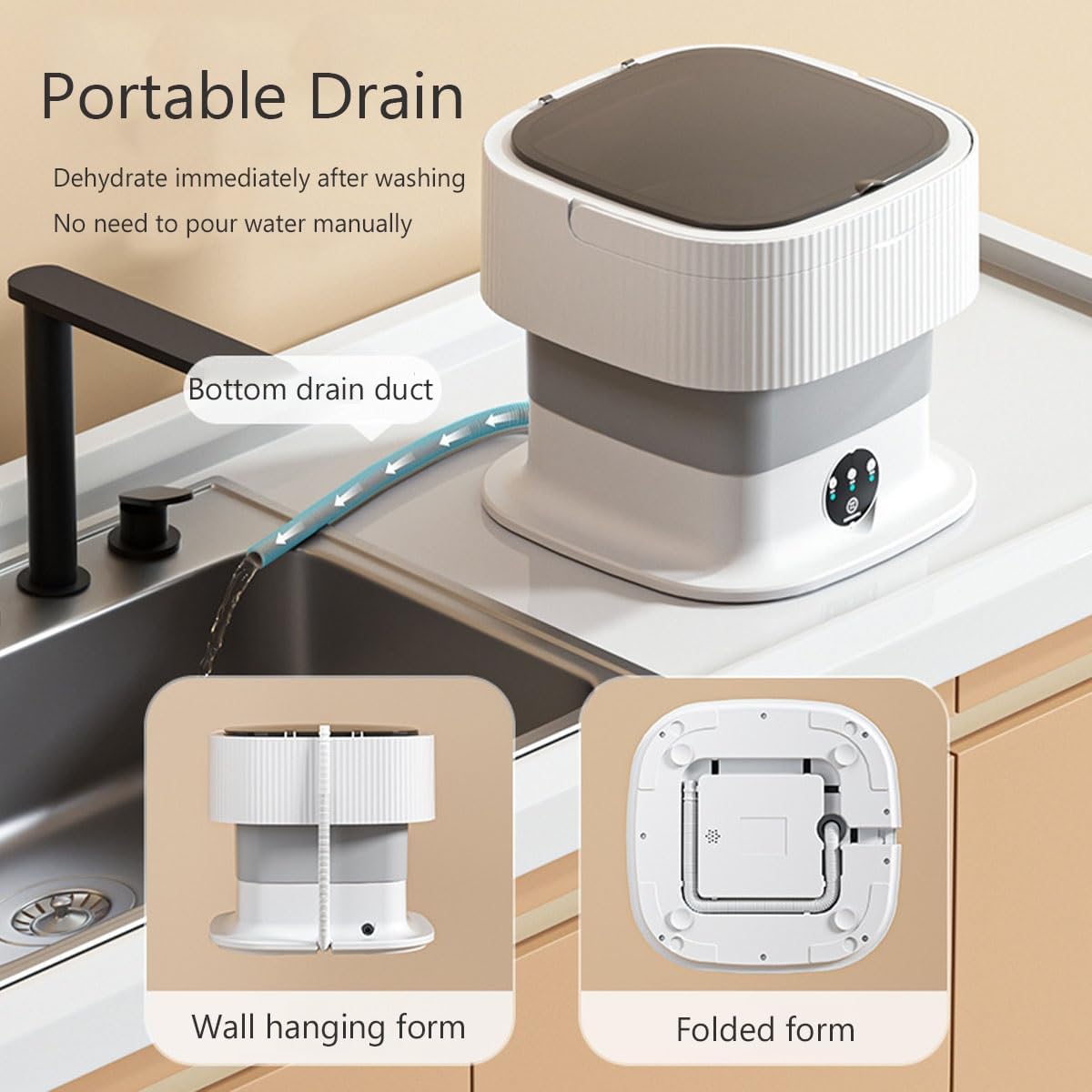 12X12X11in Foldable Washing Machine 10L Large Capacity Washer With Spin Cycle Basket And Drain Hose Travel Washing Machine For Home Dormitories Hotels(Beige)