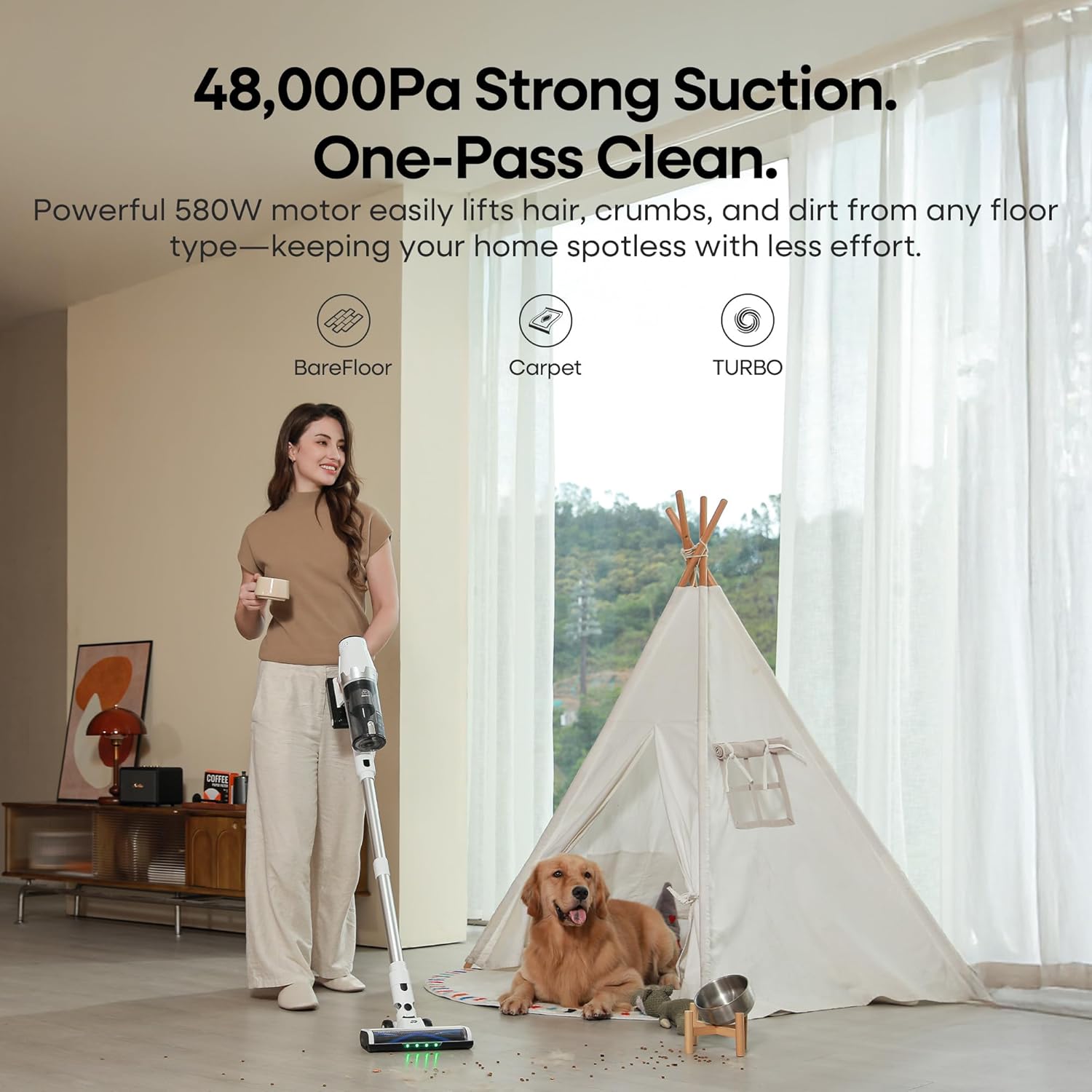 ElecKeys Cordless Vacuum Cleaner, 580W 48KPA 65Mins Vacuum Cleaners for Home, Self-Standing Anti-Tangle Vacuum with LED Display, Rechargeable, Lightweight, Cordless Vacuum for Floors/Pet Hair/Carpets