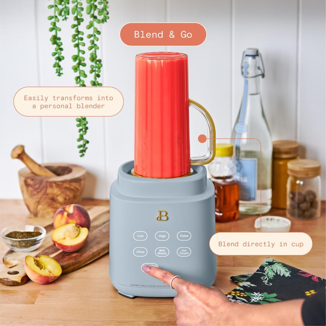 Beautiful PowerExact Blender System, 700W, Touch Display, PrecisionSense Tech, 50oz Tritan Jar + 20oz To-Go Cup, 4 Presets, Ice Crush, Smoothie, Dishwasher Safe, Gold Accents, Cornflower blue