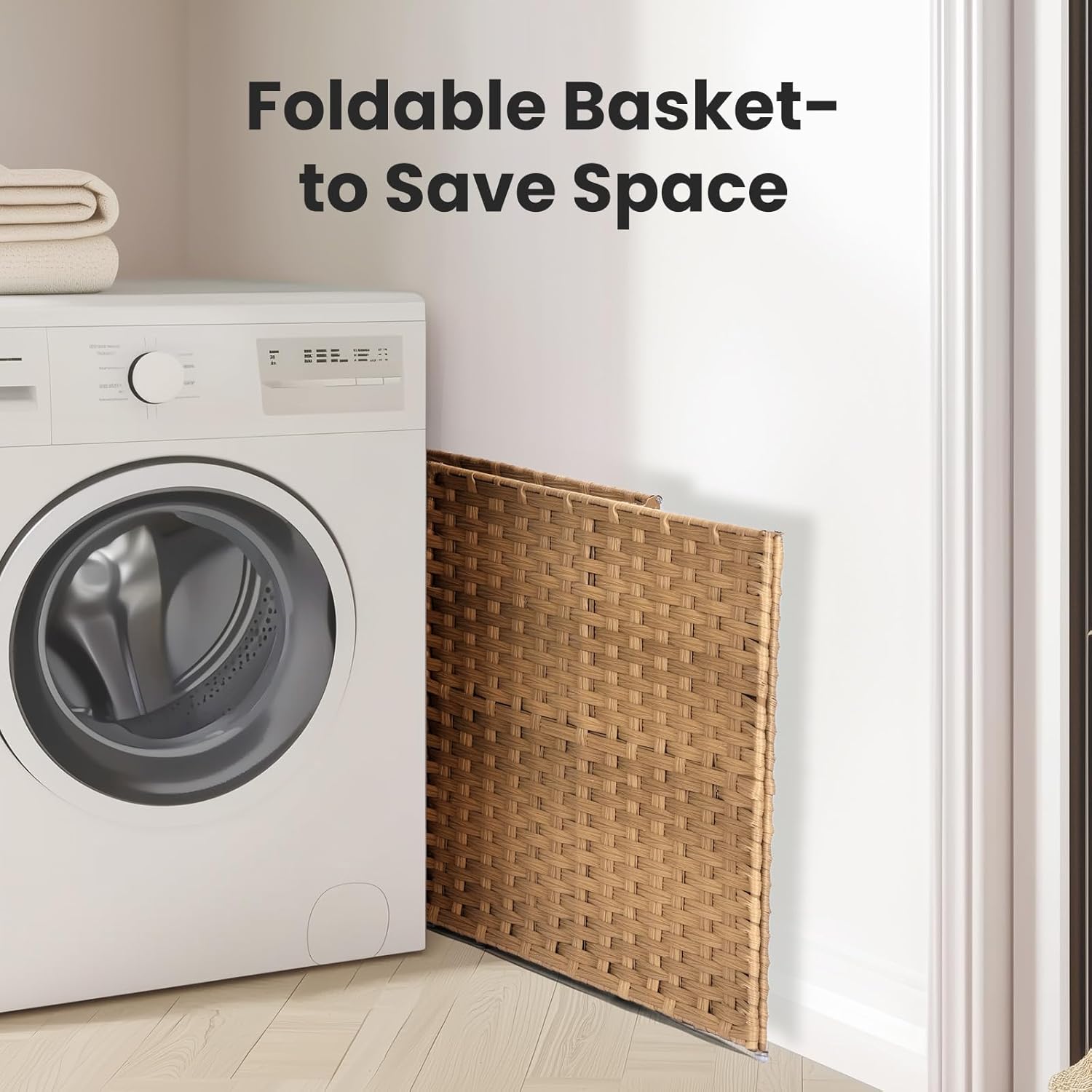 Elevon 90L Laundry Basket with Lid, Hand-Woven Pp Rattan Laundry Hamper with Compartments & Handles, Foldable, Large Capacity Clothes Basket with Removable Liner for Bathroom, Pale Yellow