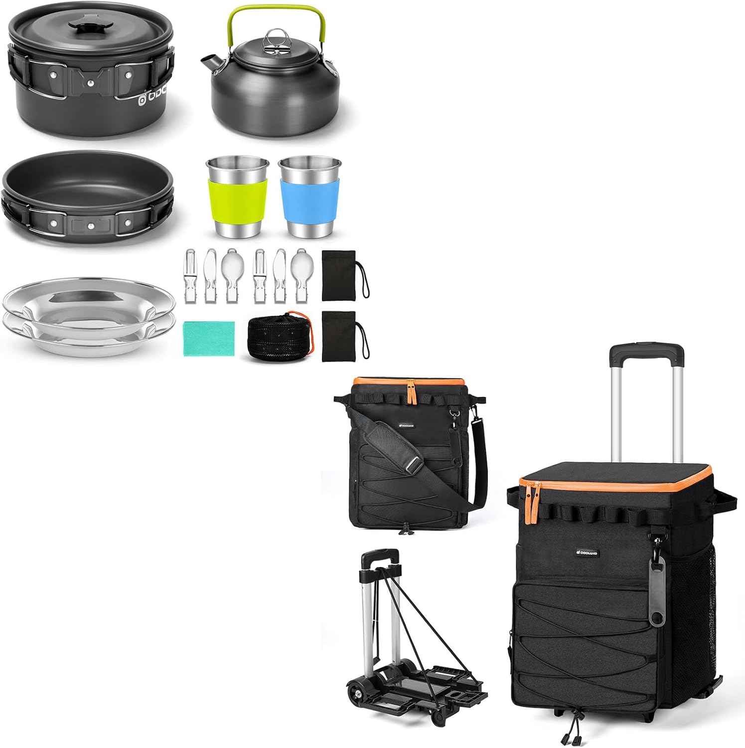 Odoland Bundle - 2 Items 15pcs Camping Cookware Mess Kit and 48 Cans Soft Cooler with Wheels and Handle