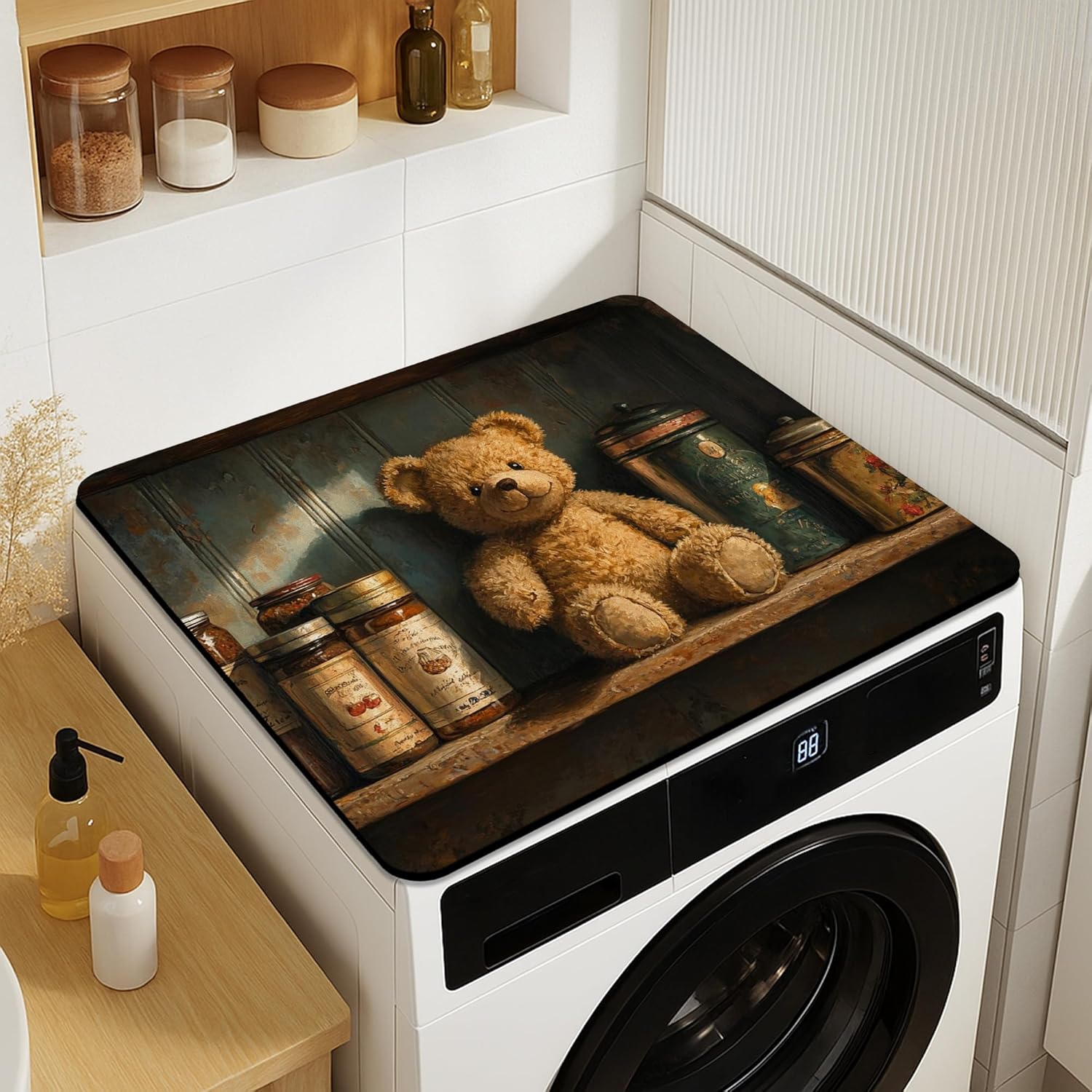 Vintage Bear Washer Dryer Top Protector Mat, Rustic Bear Laundry Machine Dust Cover, Soft Anti-slip Waterproof Mats for Laundry Room 20x24 Inch