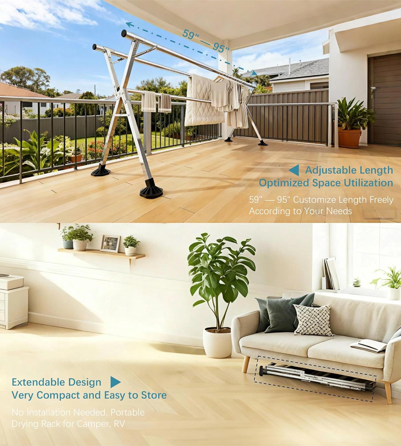 Clothes Drying Rack 95 Inches Folding Indoor Outdoor, Drying Rack Clothing Collapsible Windproof, Foldable Laundry Drying Rack, Heavy Duty Stainless Steel Clothes Rack, Coat rack, 20 Hooks 12 Clips