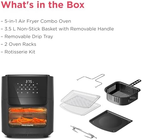 Frigidaire 5-in-1 Air Fryer Combo Oven with Viewing Window, Large 12.6 QT Capacity, Digital Display, 5 Cooking Modes, 7 Recipe Presets, Automatic Shake Reminder, PFAS-Free Cooking Surfaces, Black