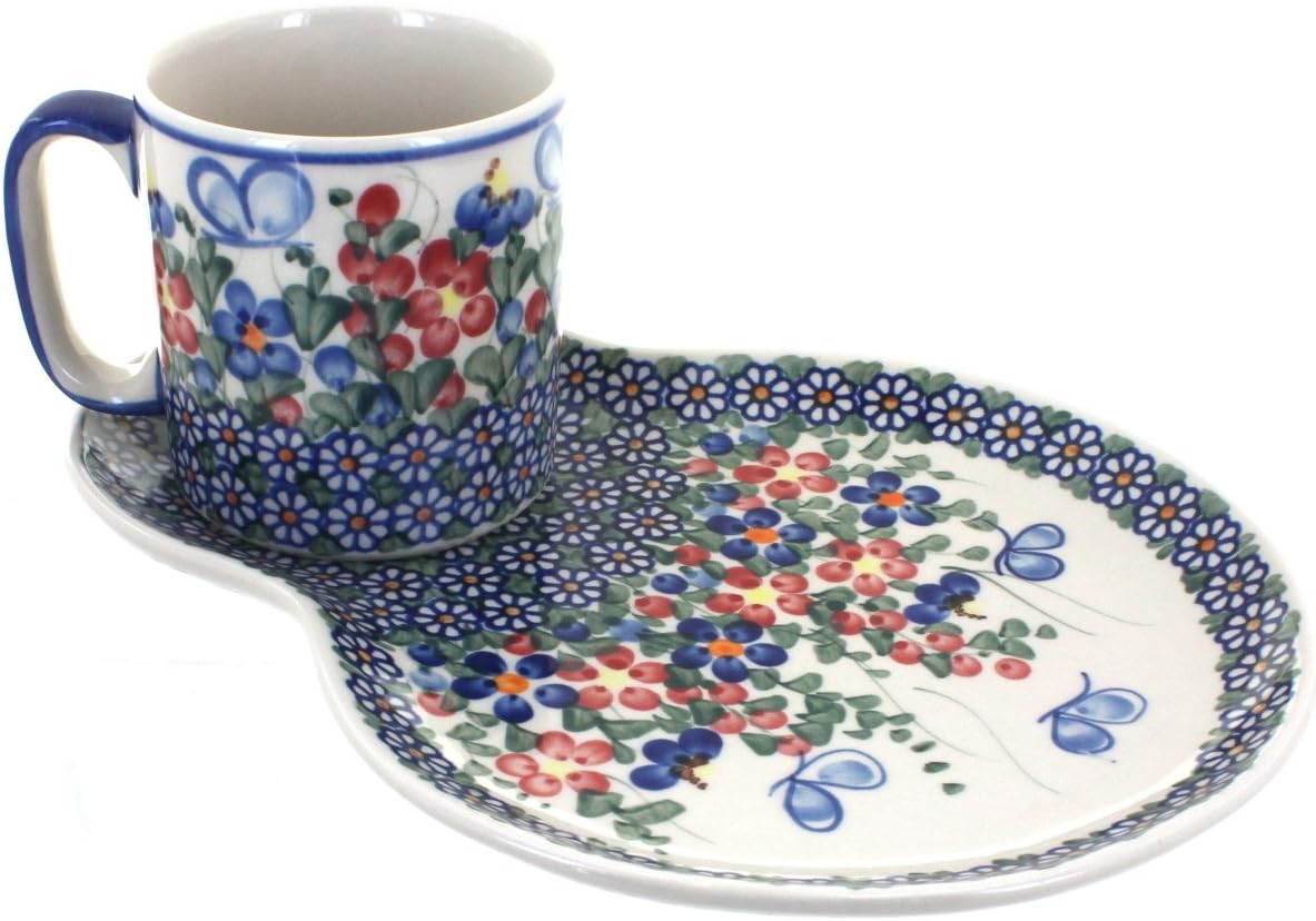 Blue Rose Polish Pottery - Red Garden Butterfly Breakfast Plate with Mug - 12 oz - Unique Breakfast Plate Set, Beautiful Mug for Coffee or Tea
