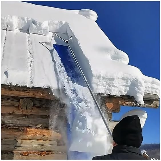Roof Snow Rake Long Reach, Telescoping Aluminum Handle, Slide Tarp Snow Removal, Roof Snow Cleaner for Shingles Metal Roofing
