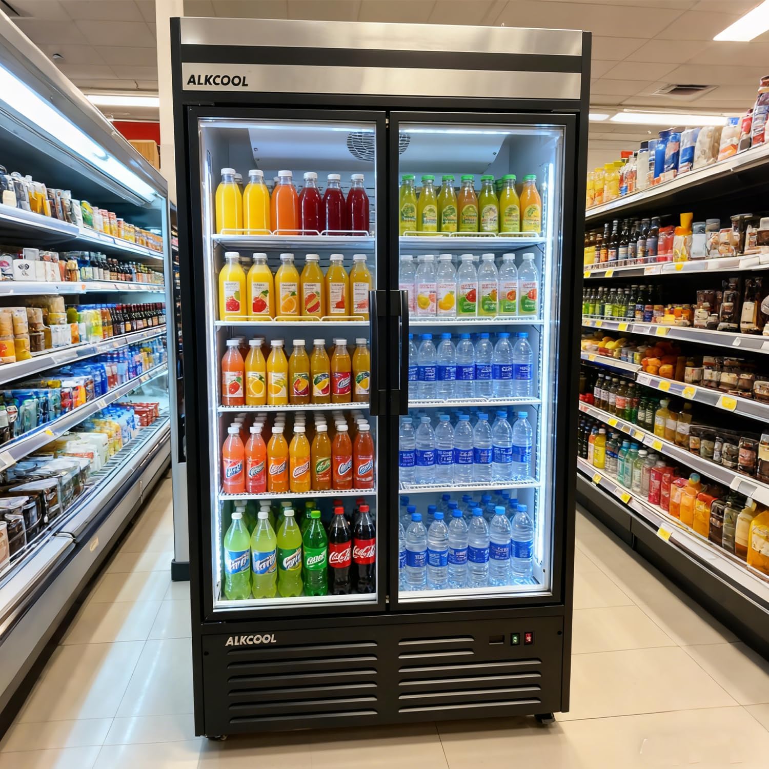 Commercial Beverage Refrigerator Display Fridge,Stainless Steel Merchandiser Two Glass Door Drink Cooler (no canopy) with LED Light Adjustable Shelves,ETL Sanitation,45 Cu Ft,47