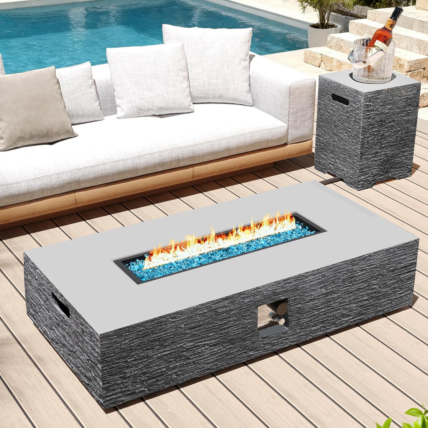 UPHA 56-inch Outdoor Propane Gas Fire Pit Table 50000 BTU Concrete Rectangle FirePit for Outside Patio with Propane Tank Cover, Blue Glass Rocks, Rain Cover, Grey Horizontal Stripe