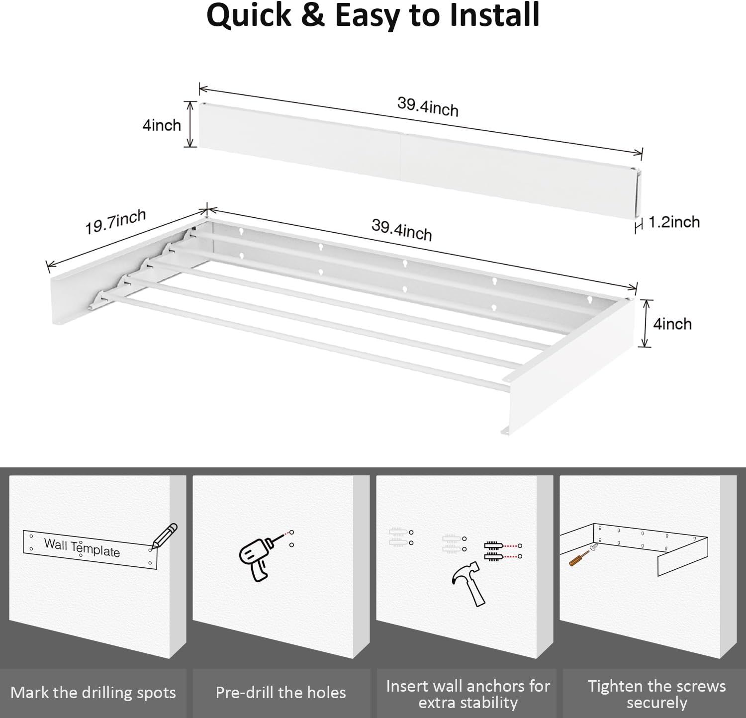 Laundry Drying Rack Collapsible, Wall Mounted Clothes Drying Rack, Space Saving Drying Rack for Laundry, 40
