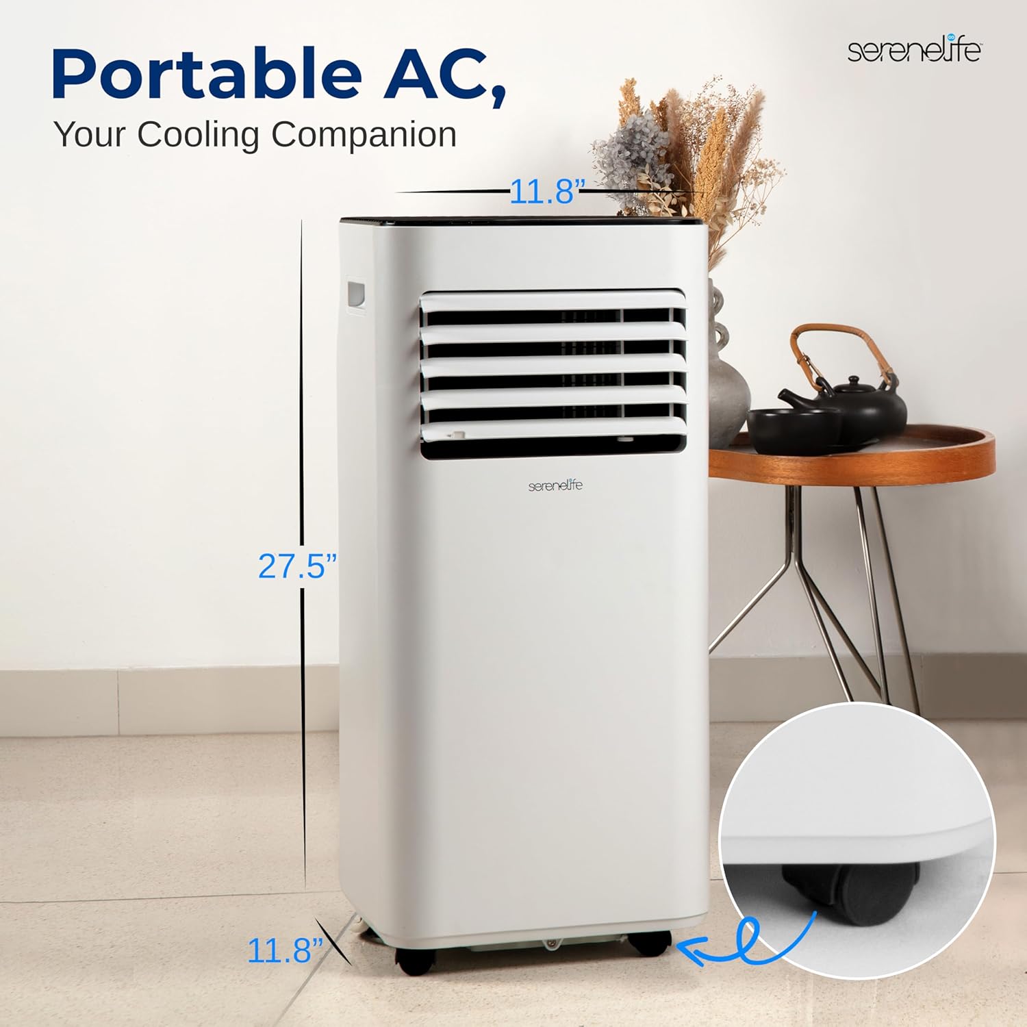 SereneLife 10000 BTU Portable Air Conditioner - Free-Standing A/C Unit w/Cooling, Dehumidifier & Fan, Energy Efficient, 320 Sq. Ft. Coverage, Includes Window Mount Kit & Wheels, 11x11x27 IN (White)