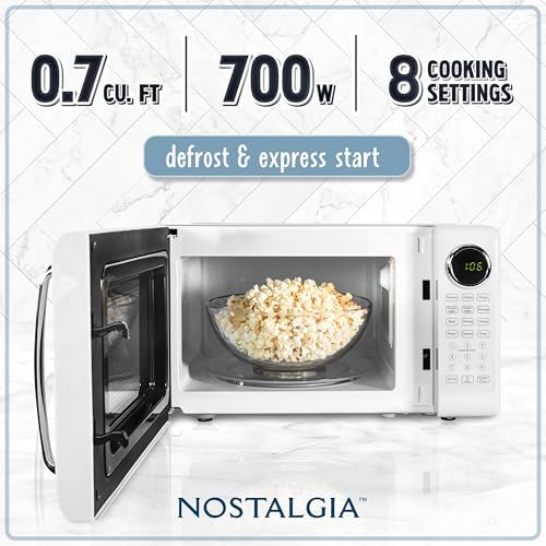 Nostalgia Retro Microwave Oven - 0.7 Cu Ft, 700-Watt Countertop Size with Glass Turntable, Child Safety Lock, 8 Auto-Cook Programs, Digital Clock - White