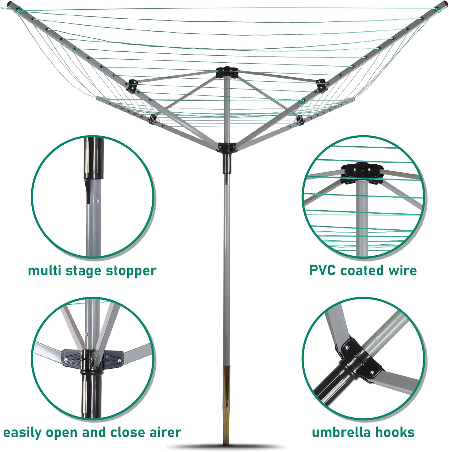 Umbrella Drying Rack Outdoor Umbrella Clothesline Rotary Retractable Clothes Line Adjustable Height 4 Arms Heavy Duty Clothesline Drying Rack 12 Lines with 165 Feet Clothes Line for Backyard