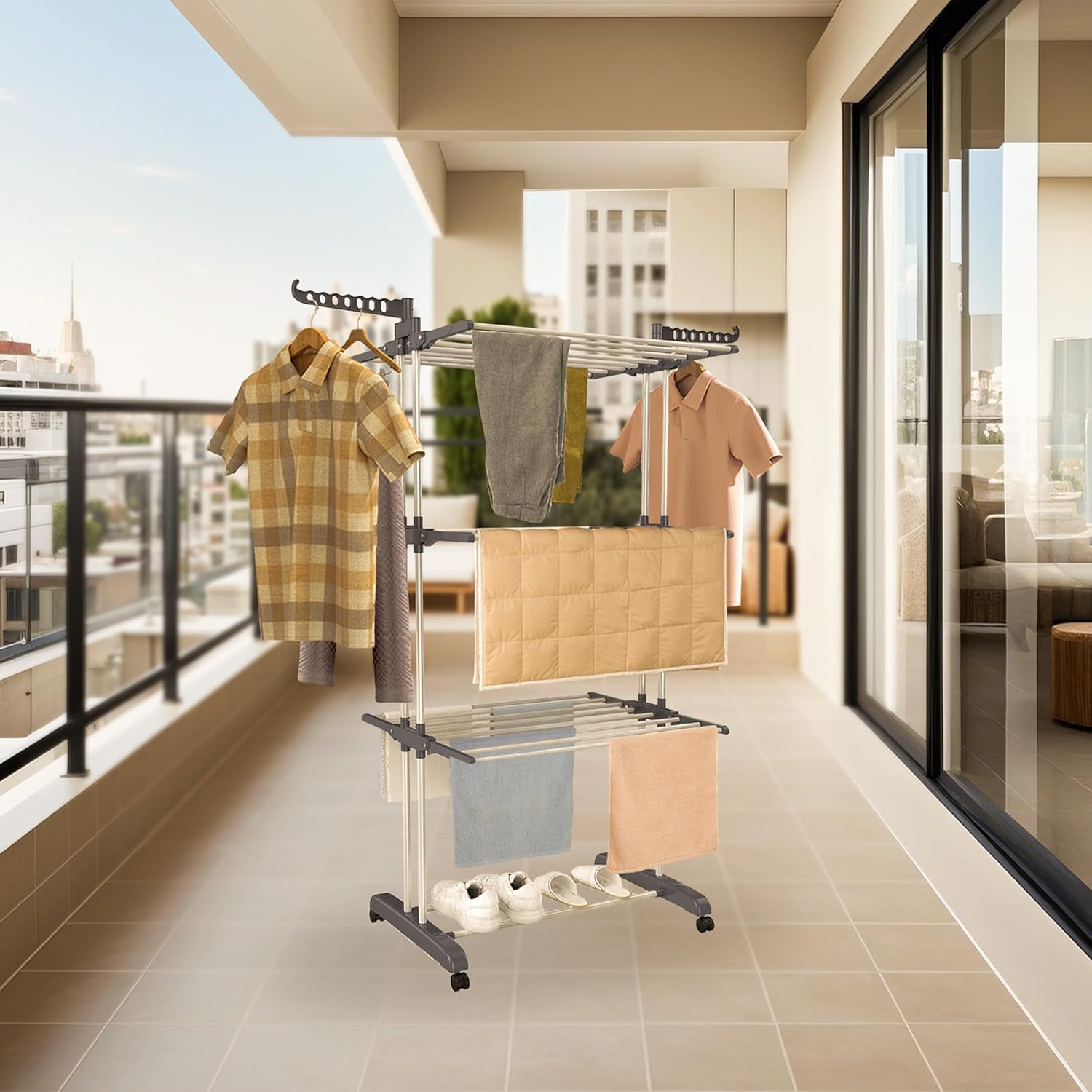 3-Tier Foldable Clothes Drying Rack with Wheels, 77 lb Capacity, Gray