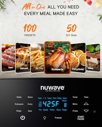 Nuwave Brio 15.5Qt Air Fryer Rotisserie Oven, X-Large Family Size, Powerful 1800W, 4 Rack Positions, 50°-425°F Temp Controls, 100 Presets & 50 Memory, Integrated Smart Thermometer, Linear T Technology