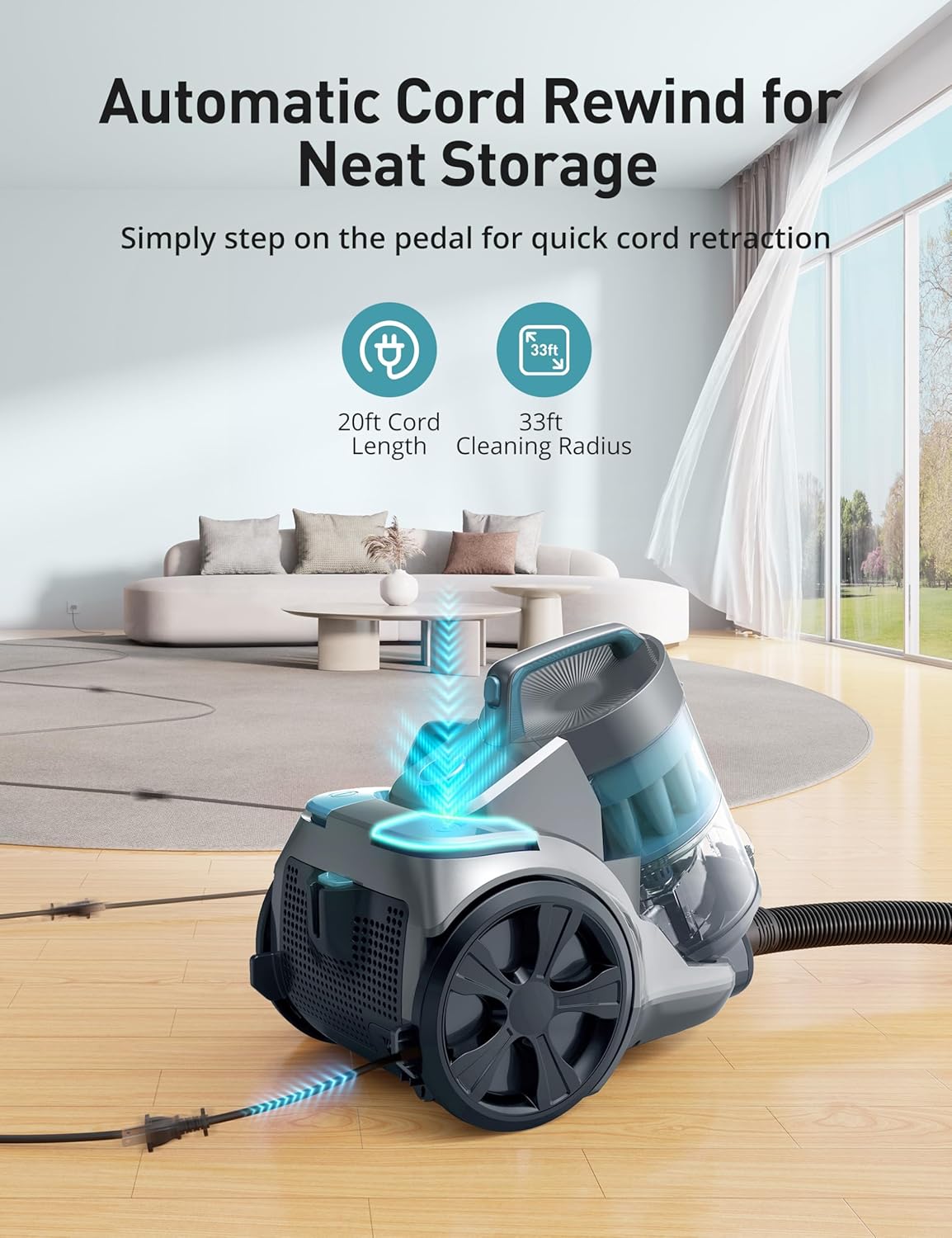 Aspiron 1700W Canister Vacuum Cleaner, 45Kpa Bagless Vacuum Cleaner, Multi-Cyclonic Filtration, 2 Anti-Allergen HEPA Filters, 3.5QT Dust Cup, 4 Tools, Corded Vacuum for Hard Floor, Pet Hair, Teal