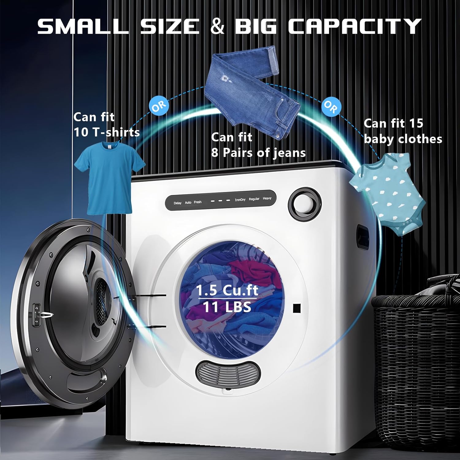 110V 970W Portable Clothes Dryer Machine, 11LBS Capacity Compact Laundry Dryer, for Small Spaces RVs&Apartments Quiet, Sturdy&Easy to Use, Supplemental Dryer for Laundry Machines Drying, White