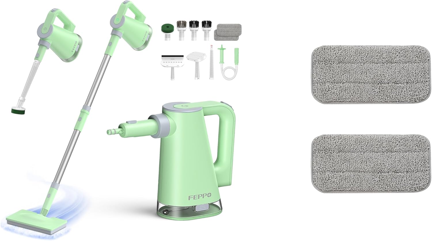 FEPPO 2-in-1 Steam Mop & Handheld Cleaner Bundle with 10-in-1 Accessories & 4 Washable Pads (Includes 2 Extra Pads) - 1300W Powerful Steamer for Floors, Hardwood, Tile, Grout, Windows, Kitchen, Bath