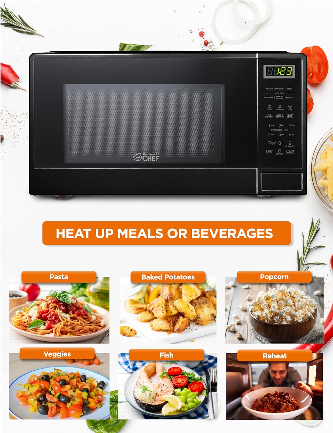 COMMERCIAL CHEF 1.1 Cu Ft Microwave with 10 Power Levels, Small Microwave with Push Button, 1000W Countertop Microwave with Kitchen Timer, Door Lock, & Digital Controls, Black