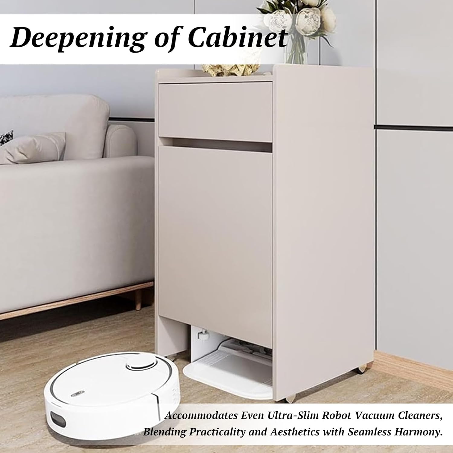 Mobile Sweeper Robot Storage Cabinet Shelf Narrow Corner Hidden Robot Vacuum Stand Storage Cabinet with Wheels Wood Freestanding Rack Space Saver for Home Office(Natural)