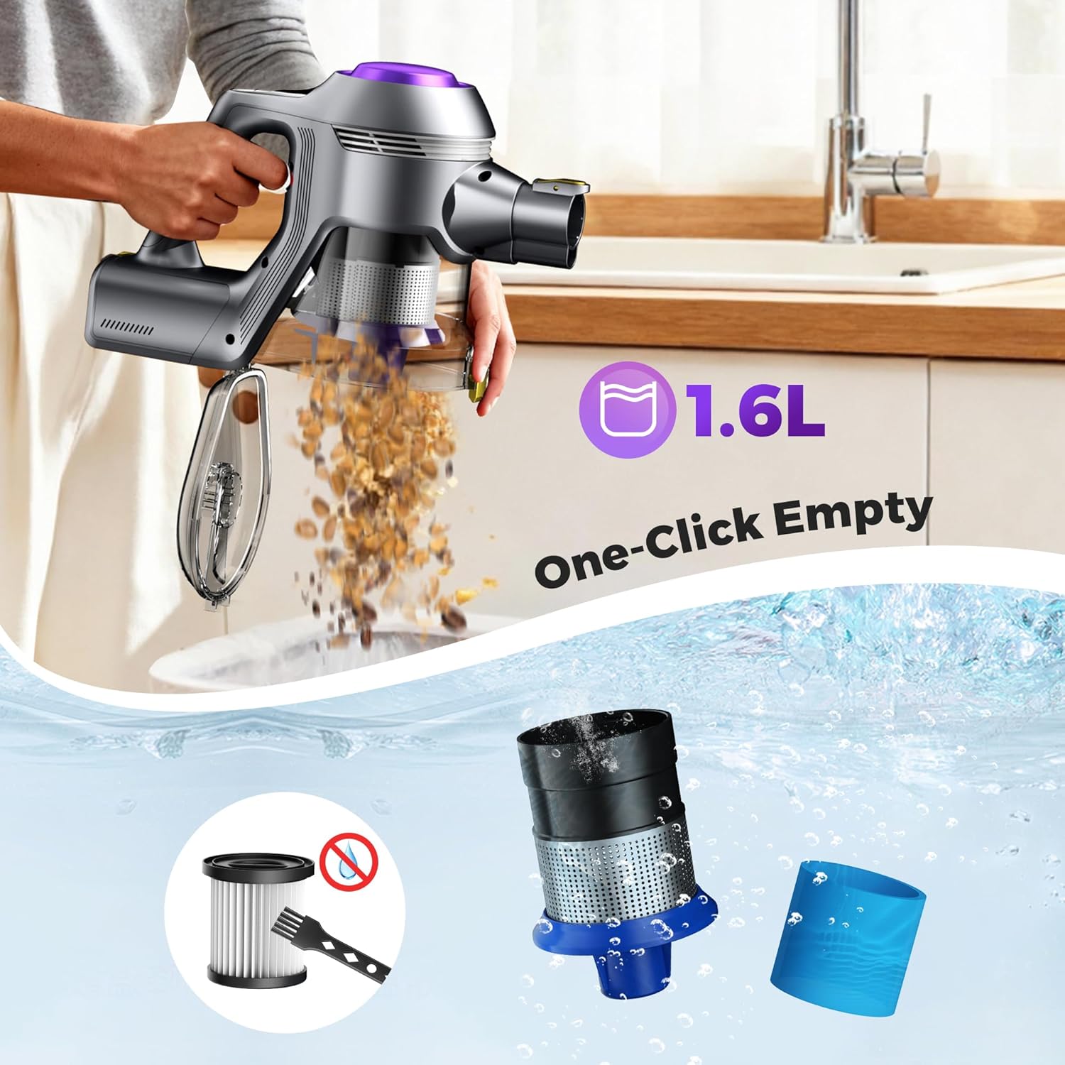 Cordless Vacuum Cleaner, 40Kpa Powerful Suction Stick Vacuum Cleaners for Home, 45 Mins Runtime, 1.6L Dust Box, Anti-Tangle, 8-in-1 Rechargeable Vacuum for Hardwood Floor, Carpet, Pet Hair