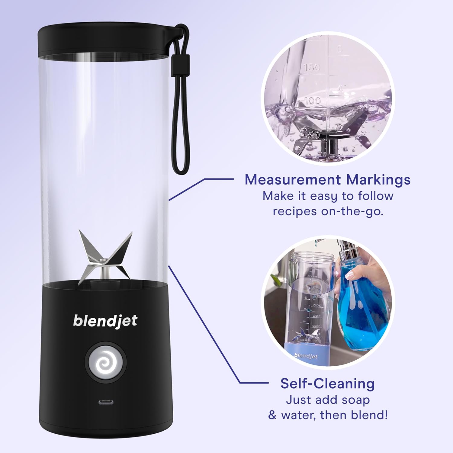 BlendJet Portable Blender for Smoothies & Shakes - 16oz BlendJet 2 Cordless Personal Small Blender, USB-C Rechargeable & Self Cleaning - Mini Travel Blender with Stainless Steel Blade (SB)