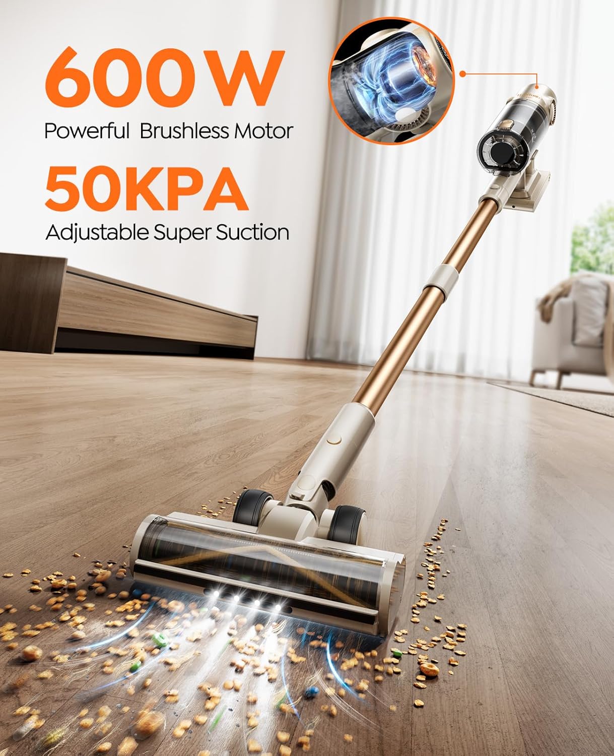 Cordless Vacuum Cleaner,80Mins/50kpa/600W Vacuum Cleaners for Home,Stick Vacuums with Self-Standing,Touch Screen,LED Headlights, Anti-Tangle,Rechargeable,Lightweight,for Carpet,Hard Floor, Pet Hair