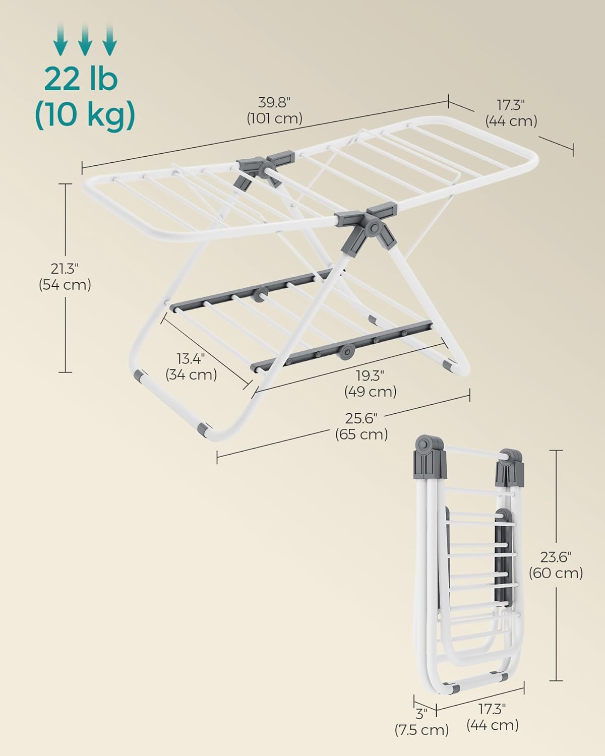 SONGMICS Small Clothes Drying Rack, Foldable 2-Level Laundry Drying Rack, Space-Saving, for Small Clothes, Towels, Bathroom, Balcony, 17.3 x 39.8 x 19.7 Inches, Cloud White ULLR504W01