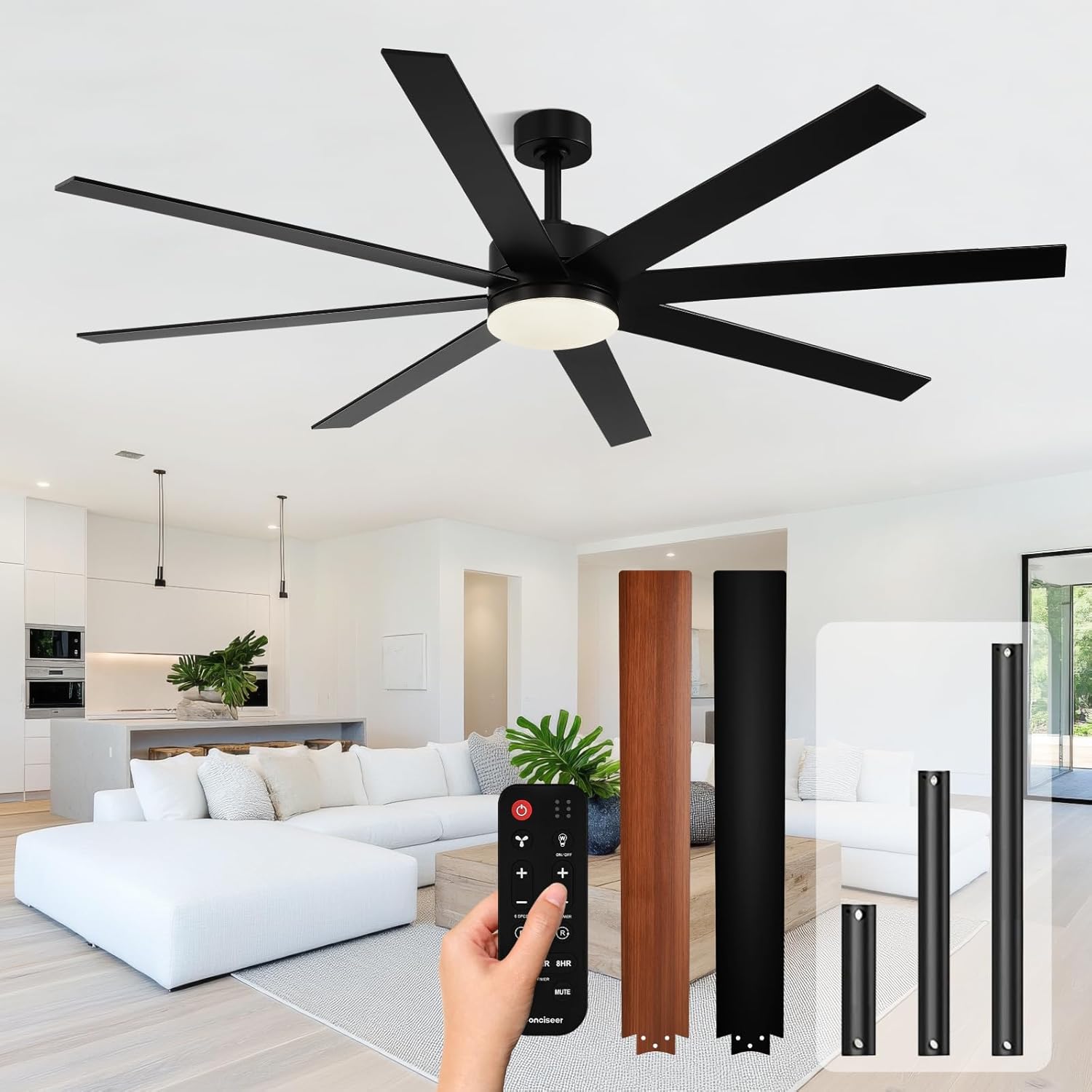 Modern 72 Inch Ceiling Fans with Lights and Remote, Dual Color 8 Blades,Living Room Office Library Cafe Outdoor Industrial, 24W 3CCT 6 Speed Reversible Quiet DC Motor, Black/Wood Grain