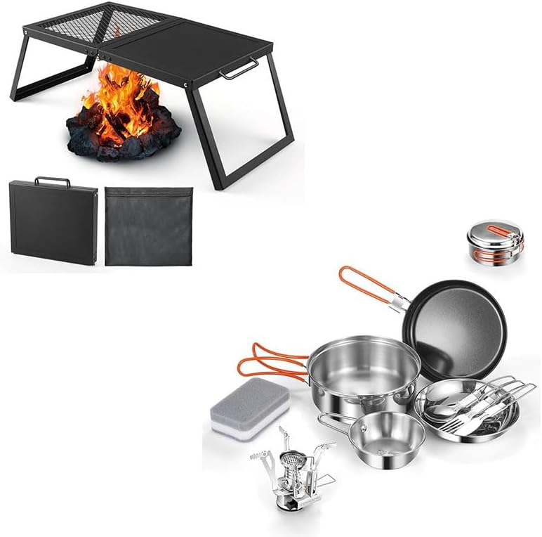 Odoland Bundle - 2 Items Folding Campfire Grill and 10pcs Stainless Steel Camping Cookware