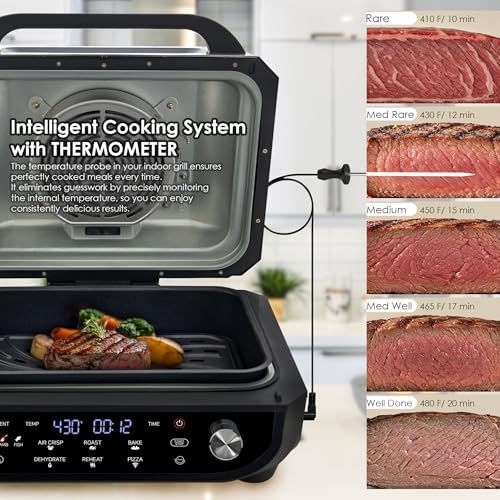 MAGiC COM Indoor Grill Air Fryer Combo, 7-in-1 Electric Grill with Steak, Roast, Air Crisp, Bake, Dehydrate, Pizza and Reheat. Smart Thermometer, Non-Stick, Dishwasher Safe/Black