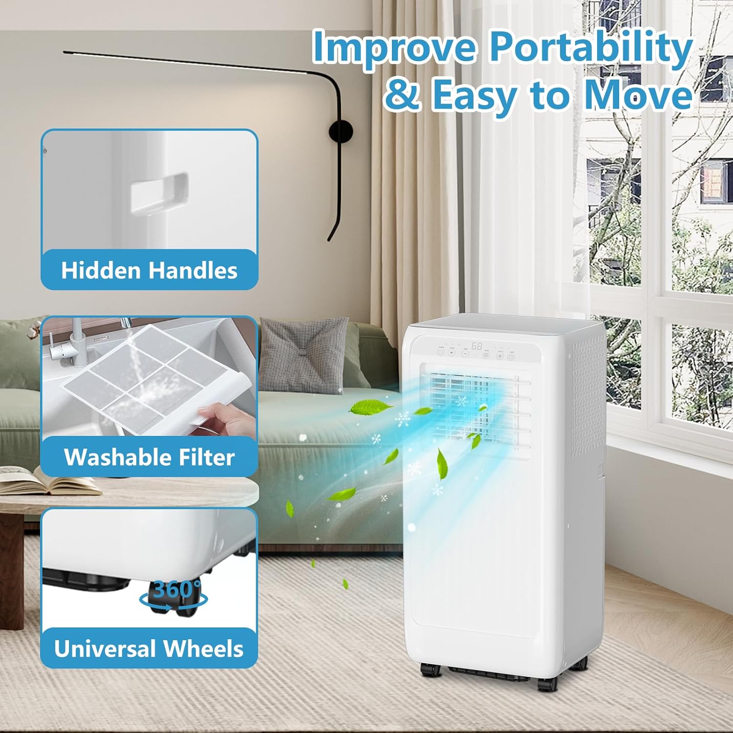 8000 Btu Portable Ac Units with Remote Control, Wheels, LED, Portable Air Conditioners for Rooms Up to 350 Sq Ft, Cool,Dehumidifier & Fan 3 Modes Air Conditioner, for Rooms/Office, White